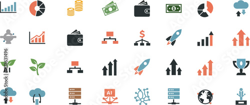 Collection of business and finance icons representing growth success investment strategy and startup concepts with charts and graphs