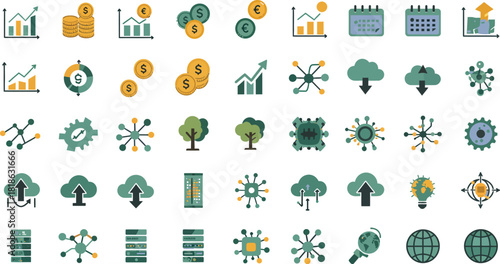 Collection of flat design icons representing financial growth business analytics technology innovation and digital transformation concepts
