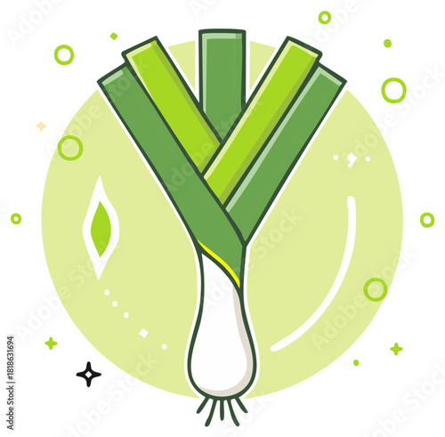 Stylized green leek vegetable illustration with delicate graphic elements and soft lighting