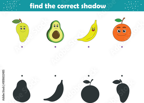 Funny cartoon fruits. Find the correct shadow. Kids Education games. Cartoon vector illustration