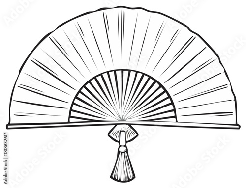 Elegant hand fan illustration, line art, traditional fashion accessory design.