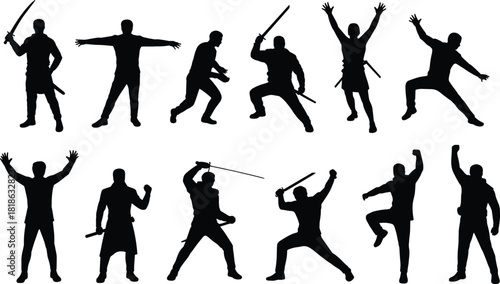 Ninja Warrior Silhouettes Martial Arts Action Poses Set untitled illustration