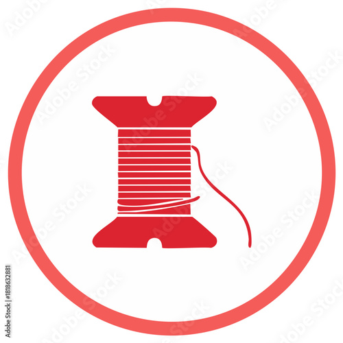 Red thread spool symbol icon with circular frame for sewing and crafts