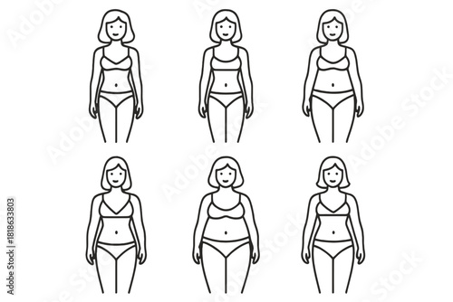 Six different female body types showing various shapes and weights in simple black outline