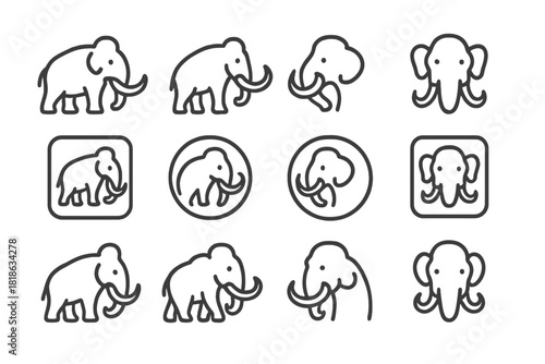Woolly mammoth prehistoric animal symbols set in various poses and styles