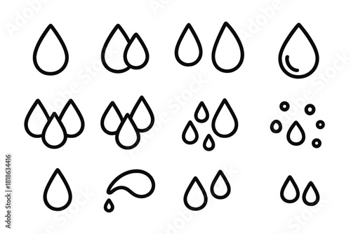Collection of linear symbols representing liquid droplets like water, rain, sweat, and tears
