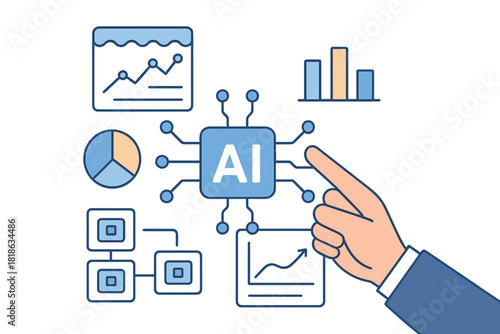 Human hand pointing at a central artificial intelligence chip connected to various data visualizations