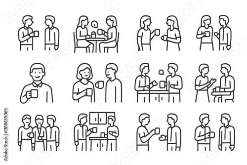 Diverse group of people communicating and socializing while holding coffee mugs