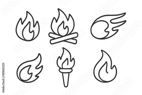Set of outline icons depicting various fire, flame, bonfire, and torch symbols