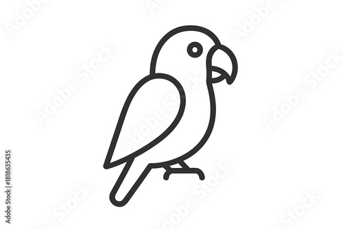 Minimalist black line art drawing of a tropical parrot bird standing in profile view