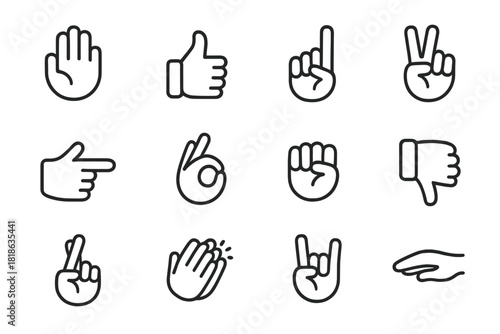 Simple outline icons set of various non-verbal hand gestures and communication signs