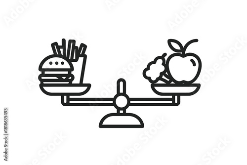 Healthy food versus fast food comparison on a balanced scale showing diet choices and nutrition
