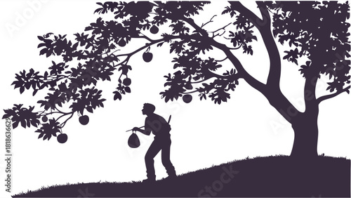 Silhouette Traveler Collecting Fruit from Abundant Tree on Rural Path for Sustainable Living