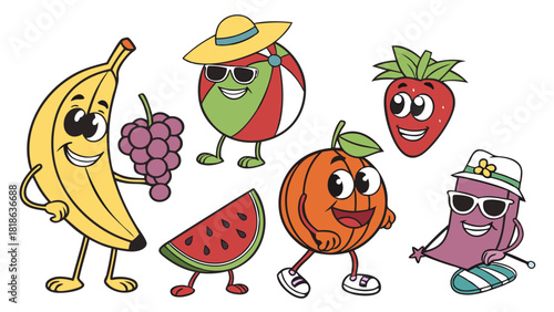 Smiling Cartoon Summer Fruits Characters for Healthy Eating Campaigns Kids Menu Design and Fun Food Marketing Vector