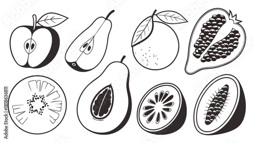 Black and White Fresh Fruits Vector Outline Illustration Set with Cut Halves. Healthy Eating, Nutrition, Food Blogs, Recipe Websites, Educational Design Assets
