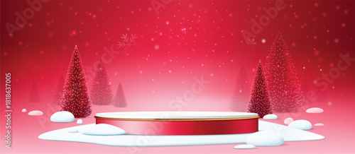 merry Christmas snowflakes pattern red background A festive Merry Christmas greeting banner, Product display podium snow red background, Logo emblem badge, flyer, poster