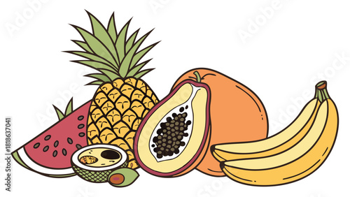Fresh Tropical Fruits Illustration with Pineapple, Papaya, Banana, Watermelon. Healthy Eating, Summer Refreshment, Diet, Wellness, Food Blogs, Travel Marketing.
