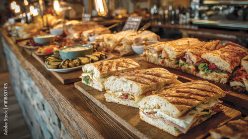 prepared food, including grilled panini sandwiches, wraps, salads, and side dishes on rustic wooden boards, bathed in warm interior lighting. Catering or cafe food service concept.