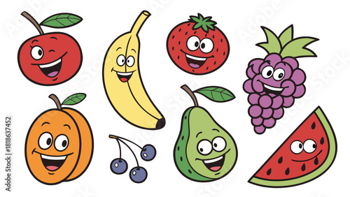 Happy Smiling Cartoon Fruits Vector Illustration Isolated on White. Cute Apple Banana Strawberry Grape Peach Pear Watermelon Cherries for Kids Education Healthy Eating Web Design