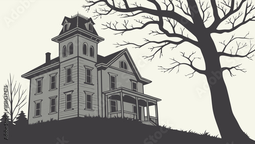 Haunted Victorian Mansion on a Hill with Bare Trees for Halloween Horror Movie Poster Mystery Book Cover or Spooky Event Design