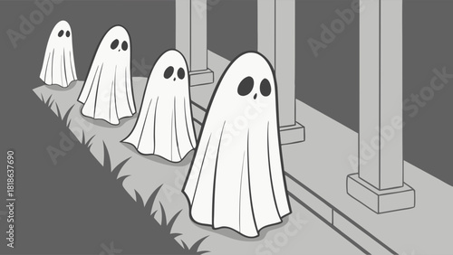 Cute Spooky Cartoon Ghosts Walking in a Line on a Dark Path for Halloween Marketing and Web Design