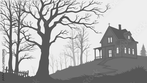 Eerie Haunted House On Hill With Bare Trees Spooky Old Mansion Illustration Halloween Horror Mystery Gothic Abandoned Creepy Foggy Landscape
