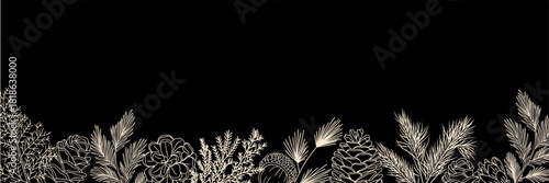 Black and gold botanical border with minimalist winter pine branches, cones, and delicate foliage in detailed white line art on black background, perfect for holiday designs
