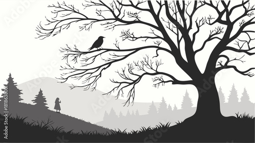 Mysterious Bare Tree Silhouette with Raven and Solitary Figure Walking Uphill in Winter Forest Landscape for Fantasy Storytelling