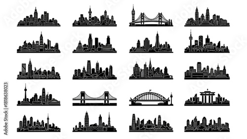 Cityscape Silhouette Vector Icons of World Landmarks and Urban Skylines