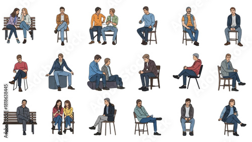 Diverse people sitting on chairs, benches, and other furniture, vector illustrations