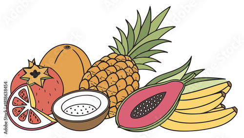 Vibrant Tropical Fruits Vector Illustration. Fresh Exotic Produce for Healthy Eating, Summer Wellness, Nutrition Marketing, and Organic Lifestyle.