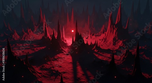 Jagged crimsonlit peaks and a glowing red sphere dominate a dark shadowy landscape with scattered glowing embers