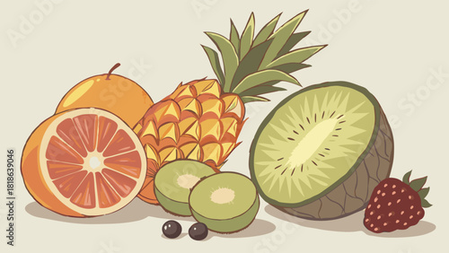Fresh tropical fruit illustration | pineapple kiwi grapefruit orange and berries in soft vintage style | colorful healthy fruit artwork with natural hand drawn look
