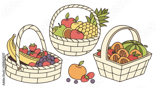Hand drawn fruit basket set illustration | three wicker baskets filled with pineapple bananas apples grapes oranges kiwi peach and watermelon in colorful natural style
