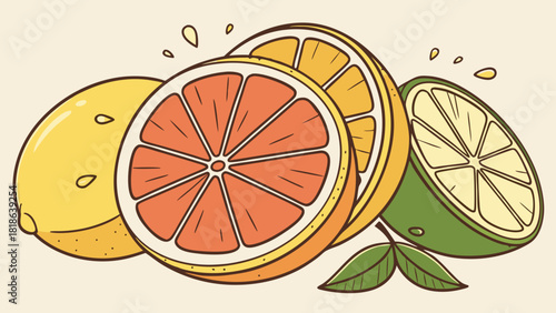 Hand drawn citrus fruit illustration | lemon orange grapefruit and lime slices with fresh juice splash in colorful natural style | vibrant healthy food artwork
