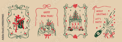 Merry Christmas and Happy New Year hand drawn doodle cards, posters, backgrounds set. Whimsical hand drawn vintage coquette bow ribbon Christmas frame. Xmas fireplace with sicks, decorated door window