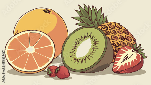 Mixed fruit illustration | grapefruit kiwi pineapple and strawberries arranged in clean colorful organic food style with fresh natural produce look | healthy ripe fruit artwork
