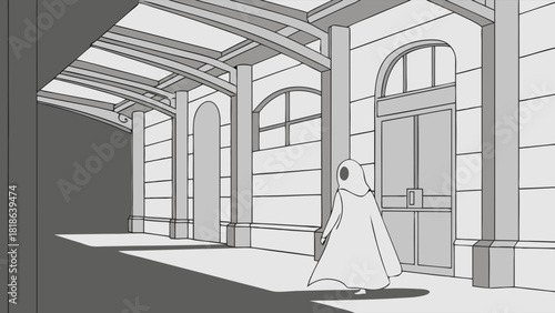 Mysterious corridor illustration | hooded ghostlike figure walking through arched architectural hallway in dramatic shadowed atmosphere | eerie spooky scene artwork
