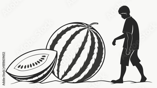 Silhouette figure walking beside a whole and sliced watermelon shown in bold monochrome style | creative fruit concept illustration
