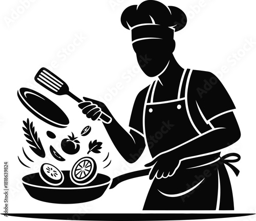 Chef Cooking Food In Frying Pan With Spatula And Ingredients On White vector illustration