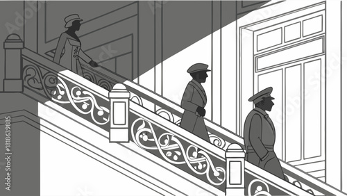 Black Men and Woman Descending Grand Ornate Staircase with Dramatic Light and Shadow for Historical Events and Period Content