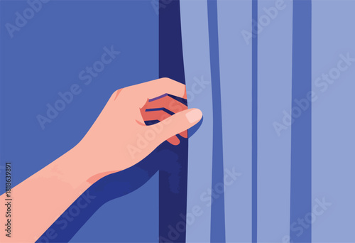 A hand, stylized, opens a blue curtain, revealing vertical panels of a lighter blue. Dark blue background