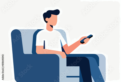 Illustration of a person sitting in a blue armchair, holding a remote. Minimalist style, white background