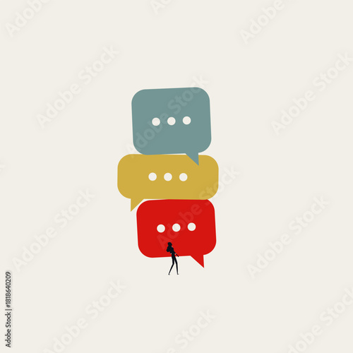 Business concept vector illustration of communication, social media and feedback. Silhouette of a woman standing beneath three large colorful speech bubbles representing opinions.