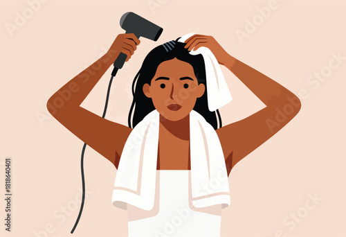 Illustration of person drying hair. She holds a dryer, and a towel, with dark hair, a nude background