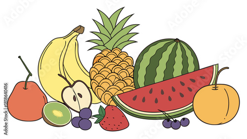 Colorful Variety of Fresh Fruits Illustration for Healthy Eating, Nutrition, Wellness, and Food Marketing