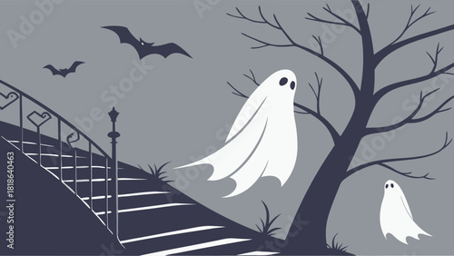 Haunted Halloween Night Scene with Floating Ghosts, Flying Bats, and Spooky Bare Tree Illustration for Seasonal Promotions, Web Design, and Party Invitations.