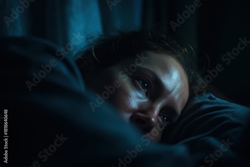 Person lying awake in bed staring at ceiling in bedroom with expression of anxiety and fatigue for mental health insomnia awareness. Sleepless restless emotional distress and psychological struggle.