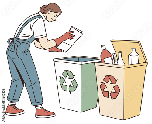 vector of a worker with gloves separating paper, glass and metal into bins, recycling symbols, clean white background

