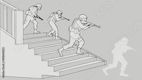 Military Soldiers Descending Stairs in Tactical Line Art Illustration
